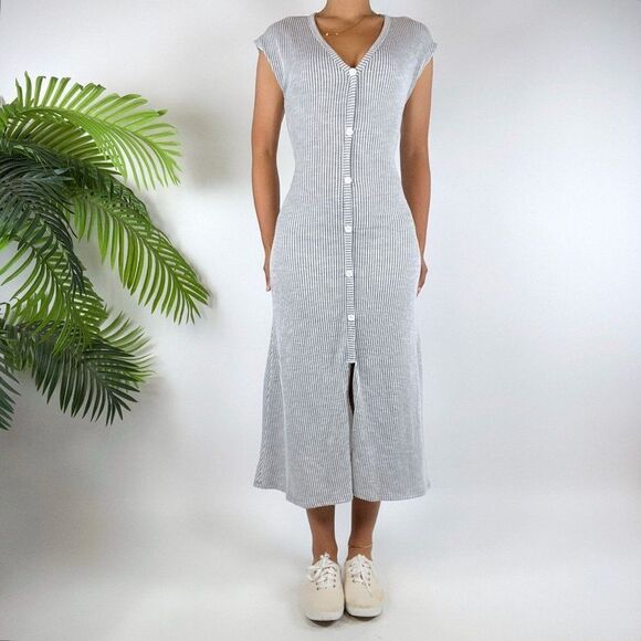 Vintage Gray Casual Coastal Chic Striped Short Sleeve Button Up Midi Dress / S - Picture 1 of 4